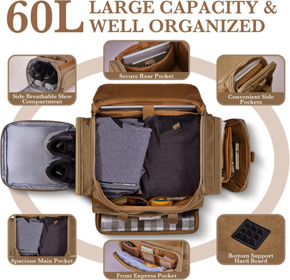 SHOWKOO Duffle Bag for Travel 60L Expandable Canvas Travel Bag Durable Vintage Weekender Overnight Carry On Bag for Men(Coffee)