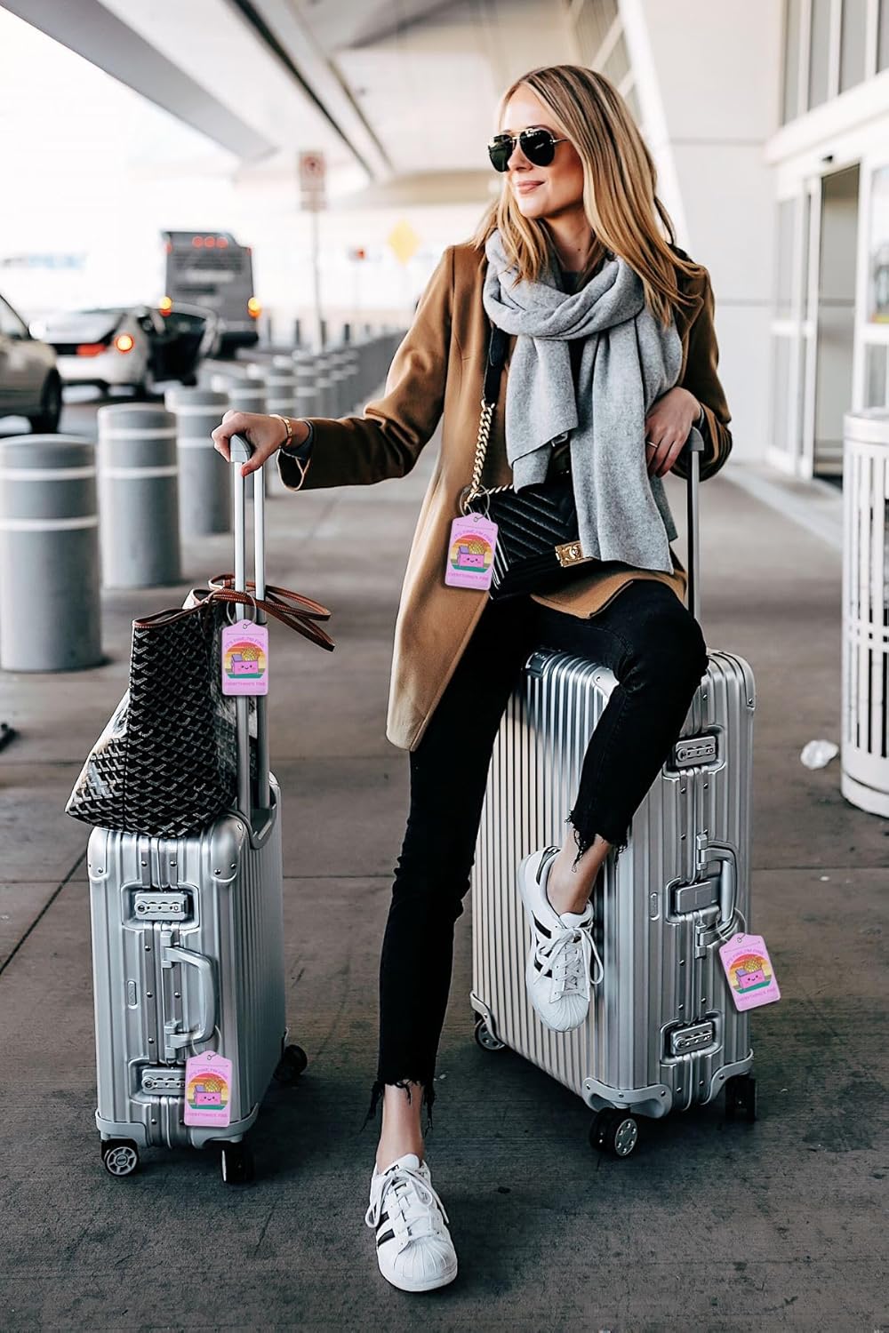 2 Pack Luggage Tags for suitcases Cute Pink Trash on fire I'm Fine It's Fine Luggage Tag, Leather Stainless Steel Loop Label Tag for Men Women Travel Bag Suitcase(Pink Trash)