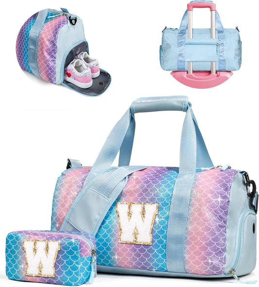 Graduation Gifts for Girls-Girl Gym Bag with Shoe Compartment, Kid Personalized Weekender Overnight Bags, Initial Travel Tote with Makeup Pouch, Gift Ideas for Niece Sister (Letter W)