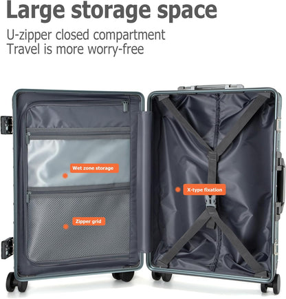 feilario 24in Aluminium Frame PC Hard Shell Spinner Wheels Luggage, Built-In TSA lock Carry on Suitcase, with Cup Holder, USB Port, Phone Holder