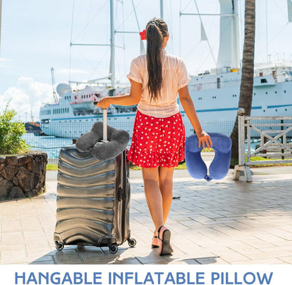 Sintuff 2 Pcs Inflatable Travel Pillow with Compact Bag and Blindfold Velvet Inflatable Neck Airplane Pillow Washable Cushion for Airplanes Flight Car Long Traveling Kids Adults Grey Blue