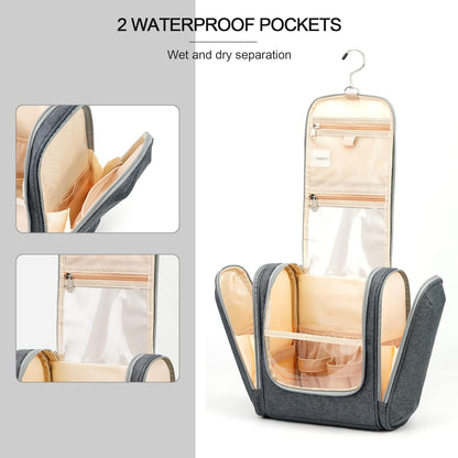 Hanging Travel Toiletry Bag for Women and Men, 6 Organizer Compartments, Extra Large Toiletries Bag, Bathroom Cosmetic Bag, Water-resistant Makeup Bag, Holds Full-Size Shampoo, Grey