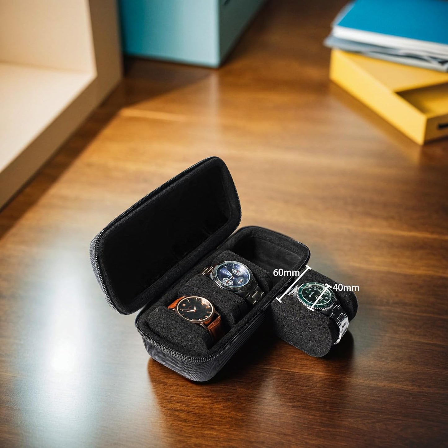 3 Slot Hard Watch Travel Case, Watch Roll Case Storage and Organizer for Men and Women, with anti-move watch pillow (Black fabric 3Slots)