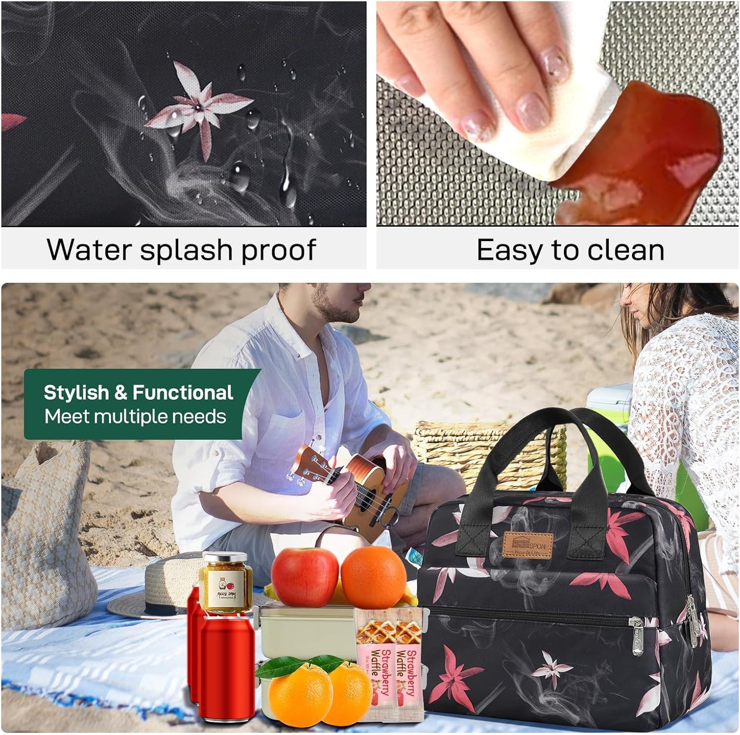 HOMESPON Insulated Lunch Bag for Women Men Lunch Box Cooler Lunch Tote for Work Picnic (Pink Flowers)