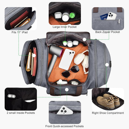 Felipe Varela 60L Duffle Bag for Men, Large Expandable Canvas Duffel Bag for Travel, Mens Carry On Luggage Bag Traveling Weekender Gym Overnight Bags for Airplanes, Grey