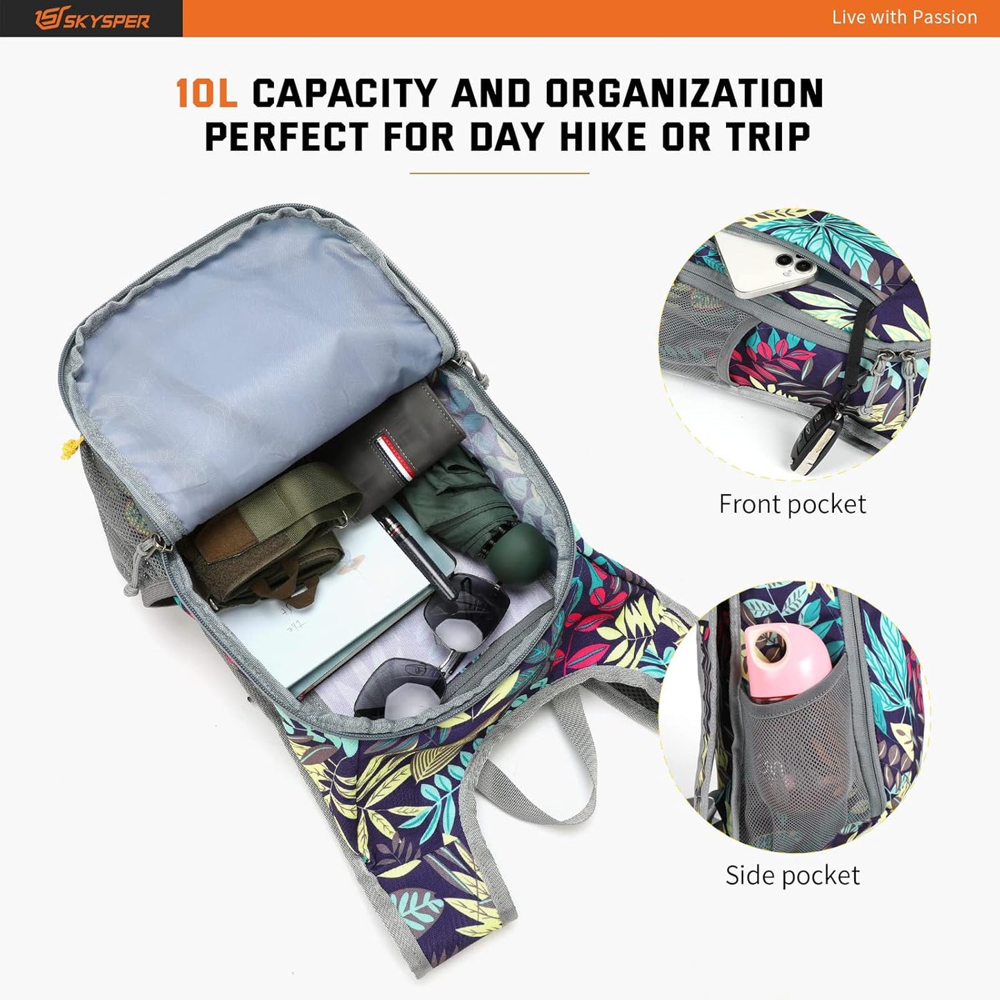 SKYSPER Small Daypack 10L Hiking Backpack Packable Lightweight Travel Day Pack for Women Men