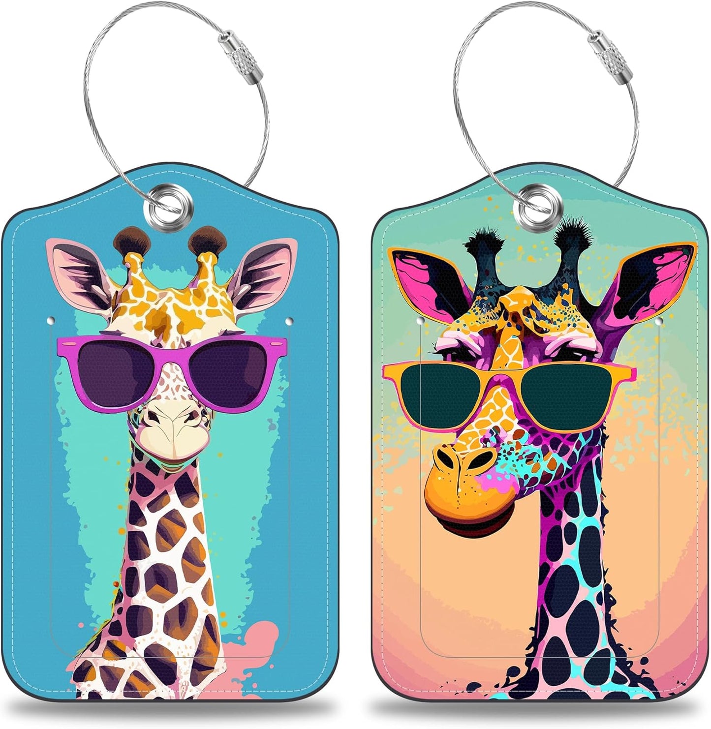 2 Pcs Giraffe in Sunglasses Luggage Tags for Suitcases PU Leather Baggage Tags Name ID Label with Privacy Cover and Stainless Steel Loop for Men Women Travel Bag Suitcase