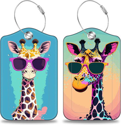 2 Pcs Giraffe in Sunglasses Luggage Tags for Suitcases PU Leather Baggage Tags Name ID Label with Privacy Cover and Stainless Steel Loop for Men Women Travel Bag Suitcase