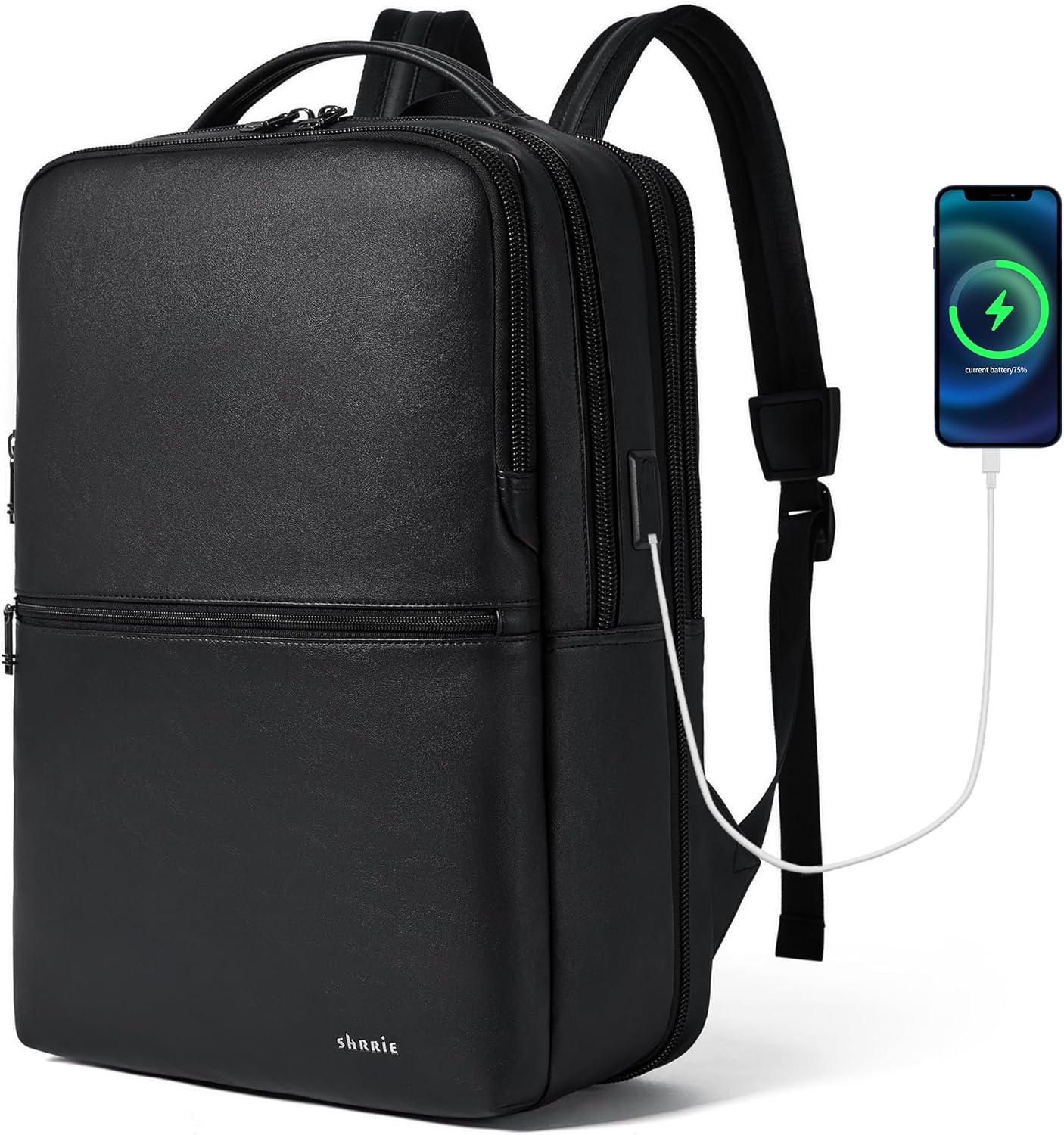 Vegan Leather Laptop Backpack for Women&Men,16 Inch Expandable Backpack with USB Charging Port,Two-toned Black