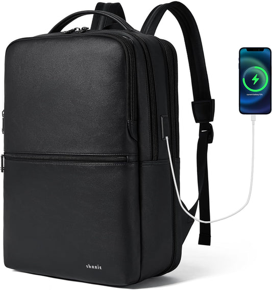 Vegan Leather Laptop Backpack for Women&Men,16 Inch Expandable Backpack with USB Charging Port,Two-toned Black