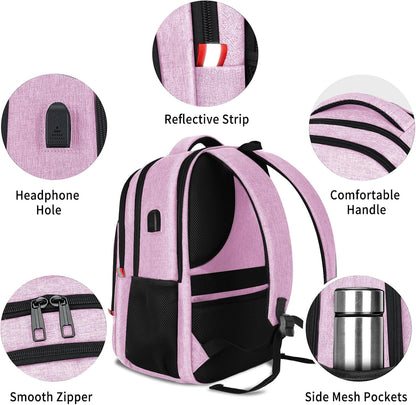 Pink Backpack for Women, School Backpacks for Girls Teen, Bookbag with USB Charging Port, College High School Backpack Fits 15.6 Inch Laptop, Casual Work Business Back Pack