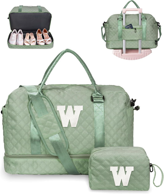 Gifts for College Girls-Initial Travel Bag with Shoe Compartment, Girl Personalized Weekender Bag, Monogram Overnight Bag for Women, Letter Travel Bag with Makeup Bag (Letter W)