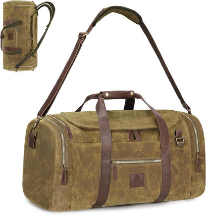 60L Travel Bags for Men, Nomad Washed Canvas Duffle Bag Vintage Genuine Leather Travel Duffel Bag Multifunctional Weekender Overnight Backpack with Shoes Compartment