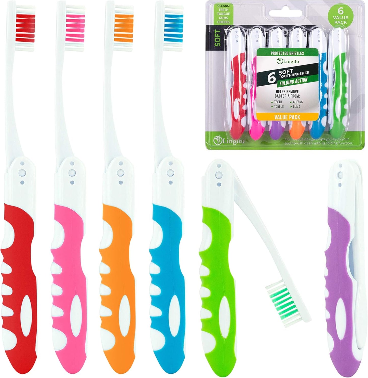 Travel Toothbrush, Portable Toothbrush Built in Cover, Travel Size Toothbrush Hiking, Camping, Traveling, Folding Toothbrushes, Collapsible Multi Color Travel Toothbrush Kit (6 Pack Soft-Multicolor)