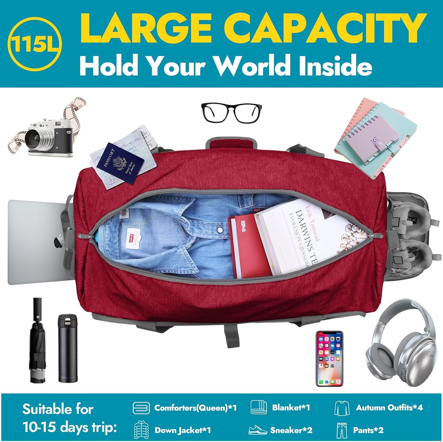 Canway 115L Travel Duffel Bag, Foldable Weekender Bag with Shoes Compartment for Men Women Water-proof & Tear Resistant