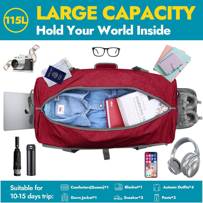 Canway 115L Travel Duffel Bag, Foldable Weekender Bag with Shoes Compartment for Men Women Water-proof & Tear Resistant