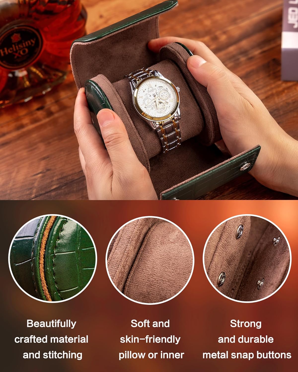 MR.OKAY Single Watch Travel Case-Classic Leather Watch Case With Superb Texture.(Portable Watch Roll Or Organizer For Storage And Display).Festival Gift For Men, All Handcrafted By Artisans
