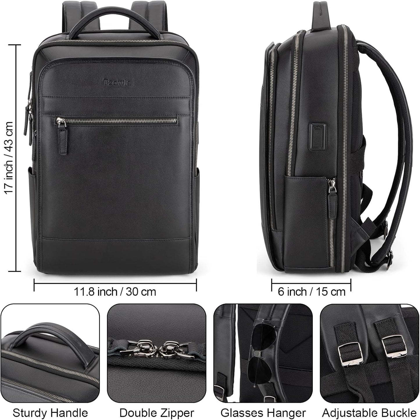 Tzowla Leather Laptop Backpack, Bag for Men and Women,Business Travel Work Rucksack Fits 15.6 Inch Laptop,Bookbag with USB and Type-C Charging Port-Black