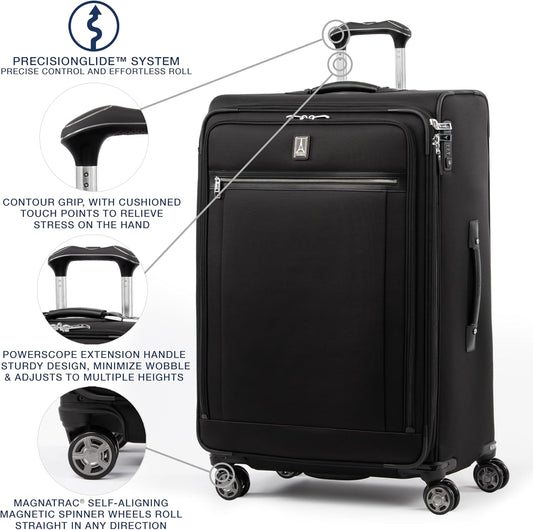 Travelpro Platinum Elite Softside Expandable Checked Luggage, 8 Wheel Spinner Large Suitcase, TSA Lock, Men and Women, Shadow Black, Checked Large 29-Inch