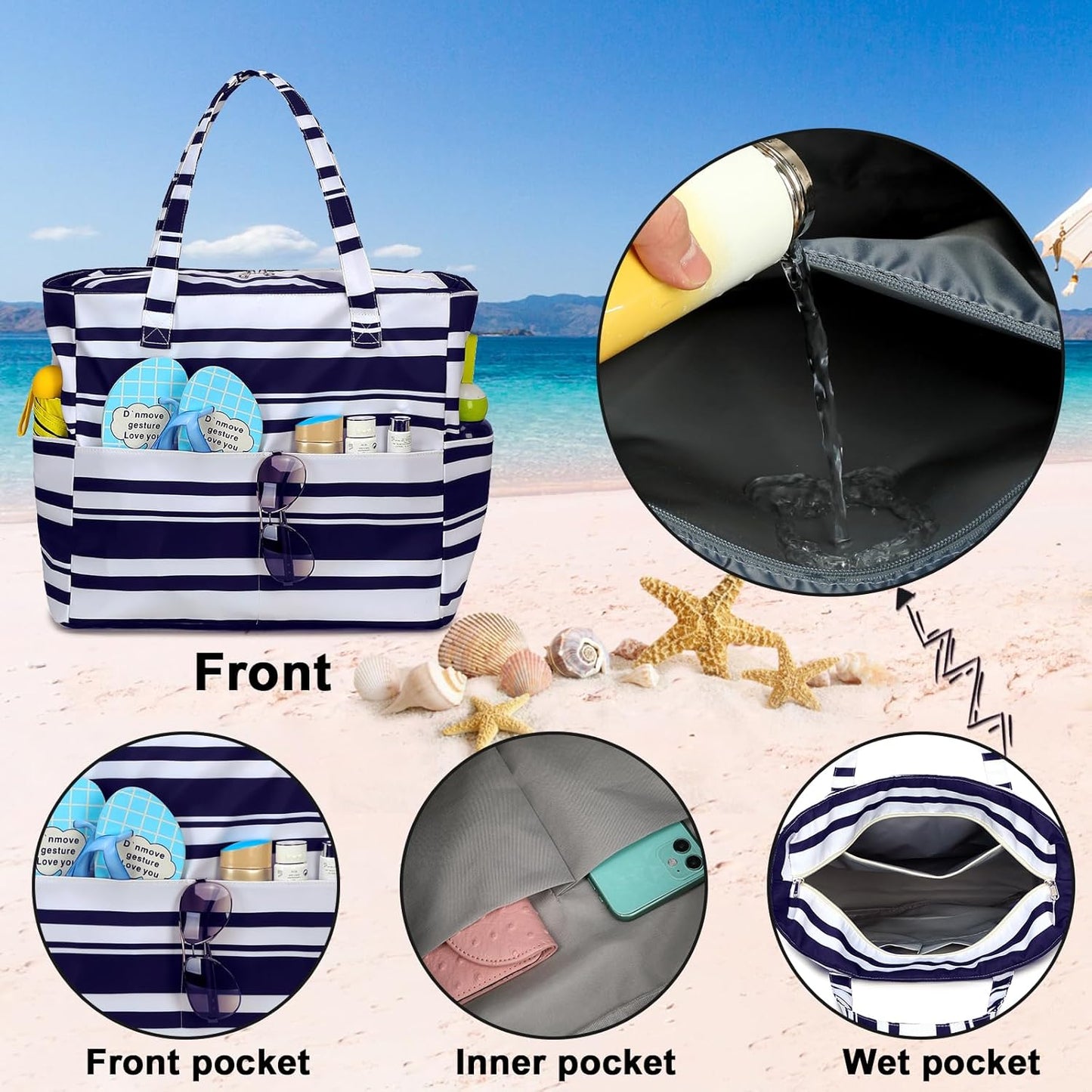 Waterproof Beach Tote Pool Bags for Women Ladies Extra Large Gym Tote Carry On Bag With Wet Compartment for Weekender Travel