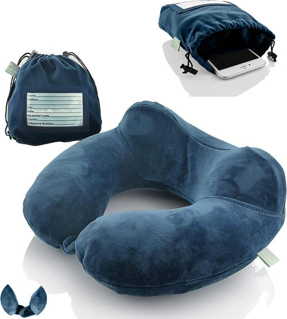 Inflatable Travel Neck Pillow: Extra-Soft, Cushion. for Airplanes, Trains, Cars, Portable Travel Accessory-with Carrying Pouch for Cell Phone and Passport Etc. (Blue 2 Pack)