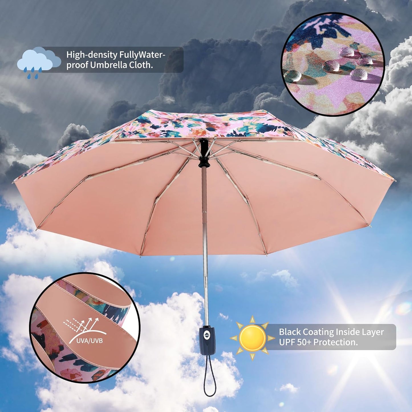 Color Coated Sun Umbrella UV Protection Compact Folding Windproof Parasols Travel Auto Open Close Shade Blocking UV