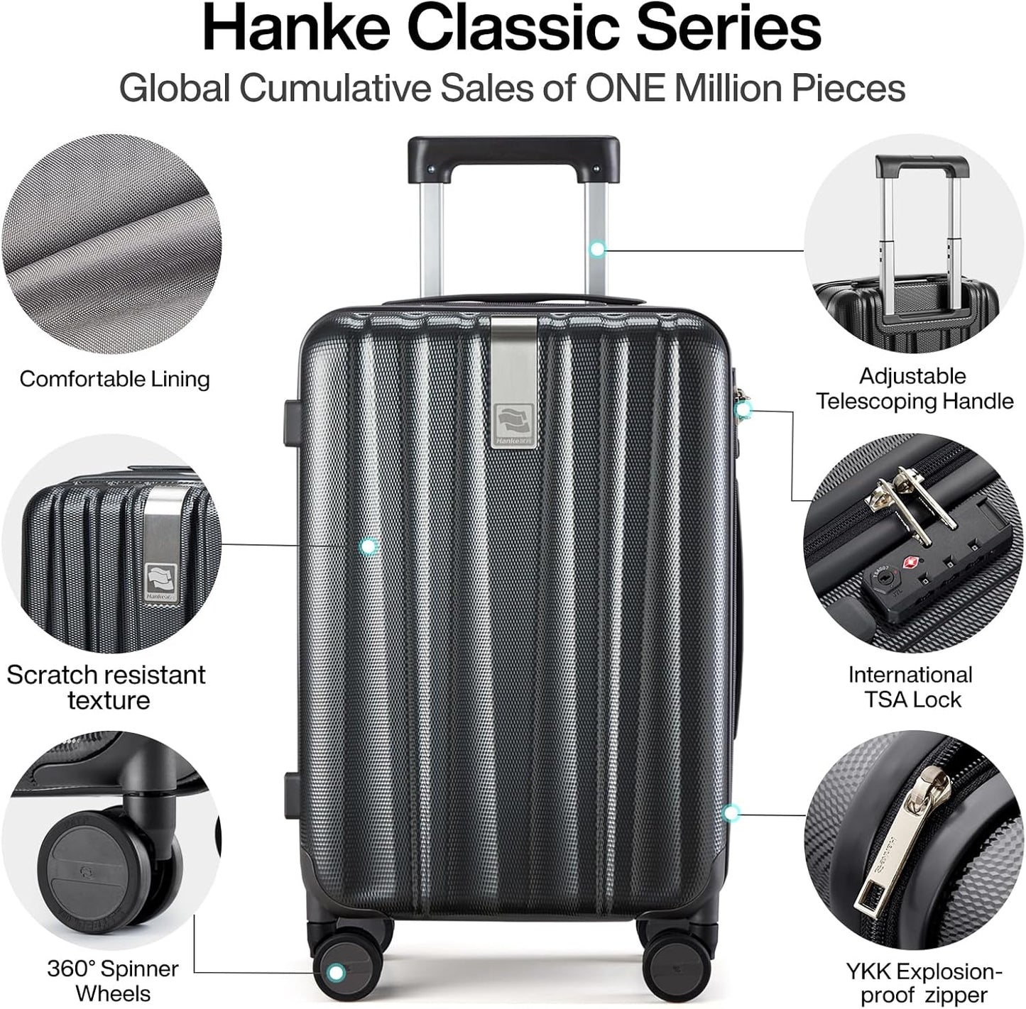 Hanke 24 Inch Luggage Suitcases With Spinner Wheels Lightweight PC Hard Shell Rolling Suitcase With Travel Lock,Checked-Medium 24-Inch(Jet Black)