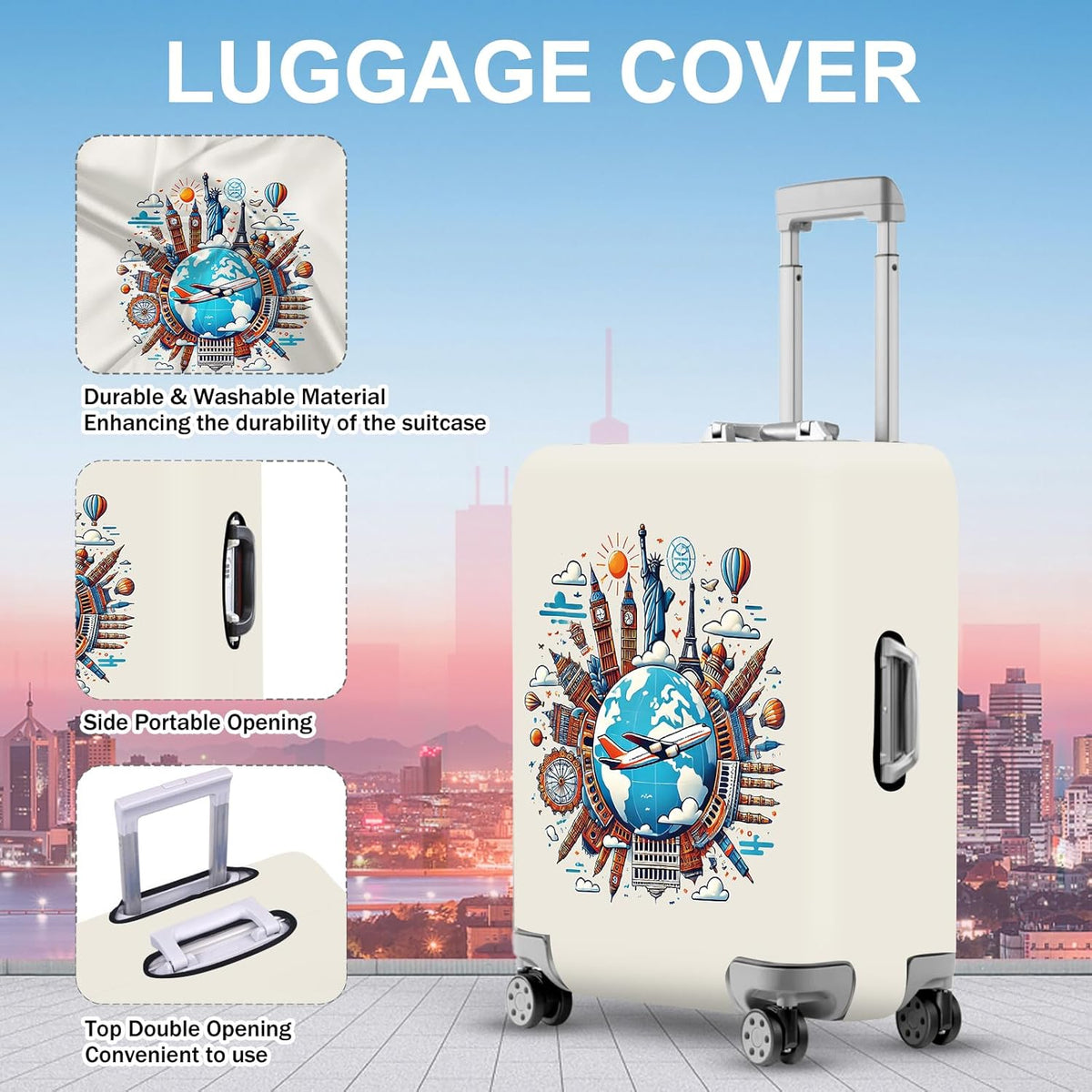 ANNA QUEEN Travel Around the World Luggage Cover, Colorful Landmark Suitcase Protector with Airplane & Globe Design, Stretchable, Washable Travel Sleeve for 28-30 Inch Luggage