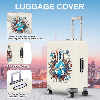 ANNA QUEEN Travel Around the World Luggage Cover, Colorful Landmark Suitcase Protector with Airplane & Globe Design, Stretchable, Washable Travel Sleeve for 28-30 Inch Luggage