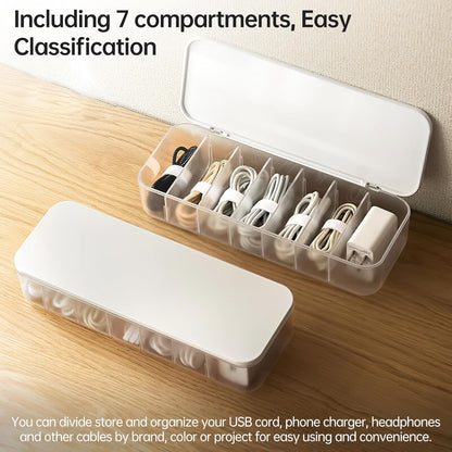 2 Pcs Cable Organizer Storage Box with 14 Wire Ties,Desktop Cable Management Box with Lid,Power Cord Organizer for Office,Home,Desk Accessories Storage Stationery Supplies White