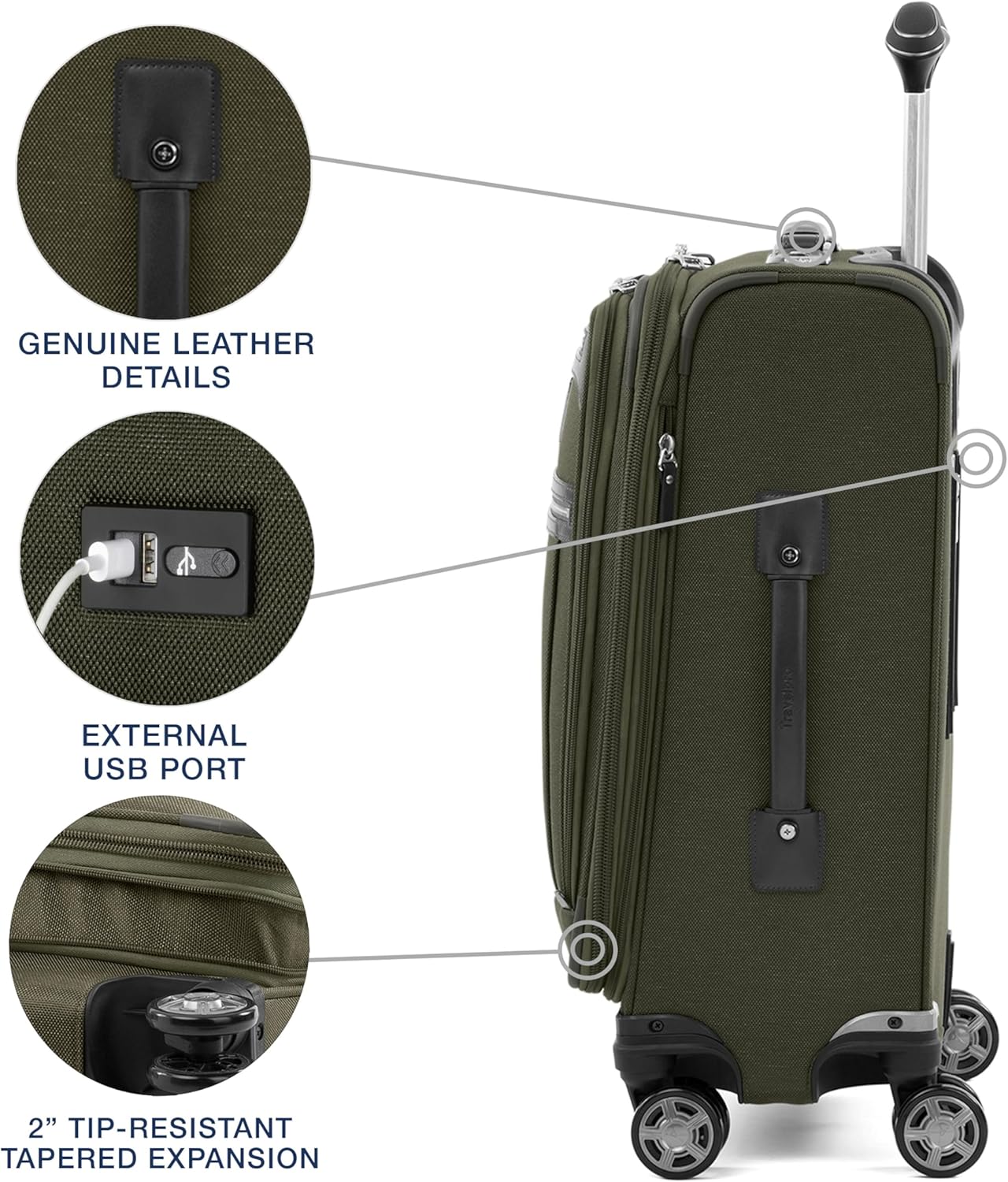 Travelpro Platinum Elite Softside Expandable Carry on Luggage, 8 Wheel Spinner Suitcase, USB Port, Suiter, Men and Women, Pilot Green, Carry On 21-Inch