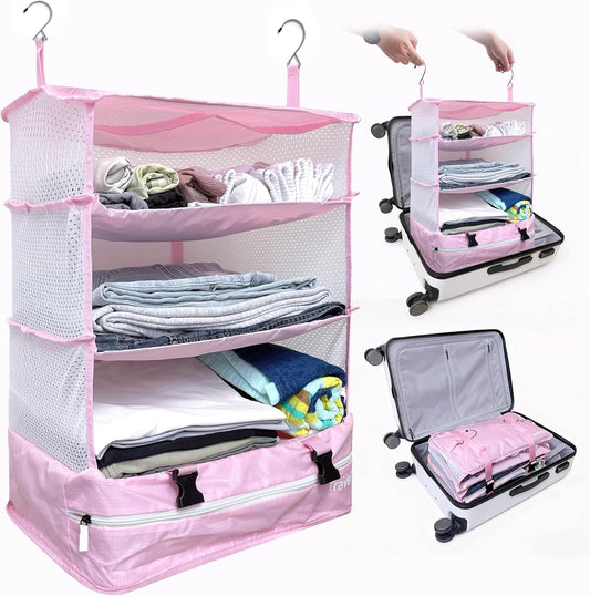 Grand Fusion Stow-N-Go Travel Luggage Organizer – Portable Hanging Travel Shelves, Carry-On Closet Organizer, Hanging Packing Cubes, Collapsible Carry-On Organizer for Cruises & Hotels. Pink - XL