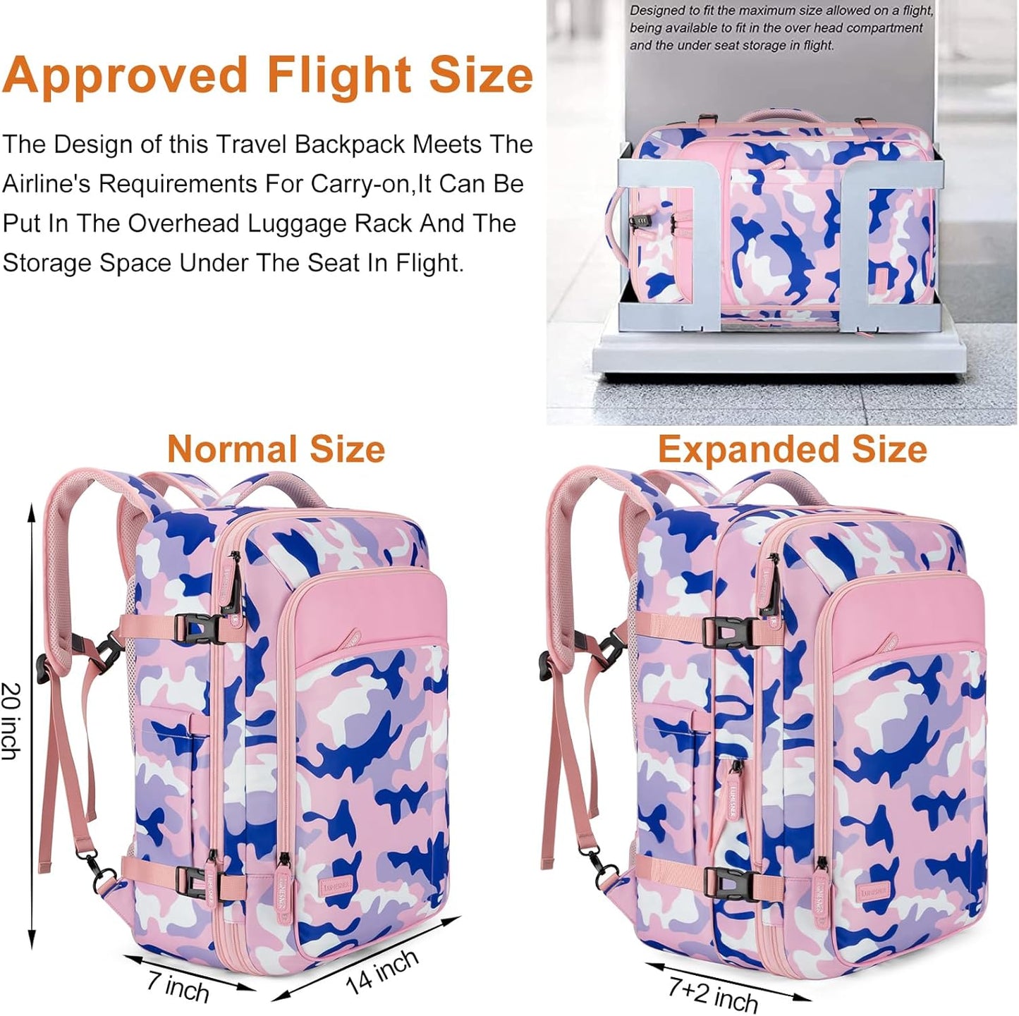 Travel Backpack 42L Carry on Backpack Flight Approved Expandable Travel Backpack Carry on Backpack Luggage Daypack (Pink Camouflage)