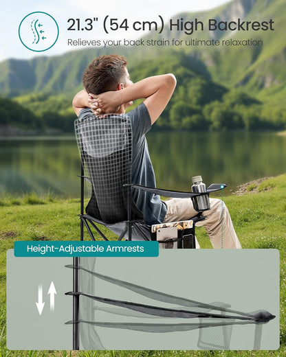 SONGMICS Breathable Camping Chairs, Foldable Outdoor Chairs Set of 2, High Back, Adjustable Armrests, Drink Holder, Weight Capacity 330 lb, for Sports Garden Backyard, Slate Gray UGCB028G01