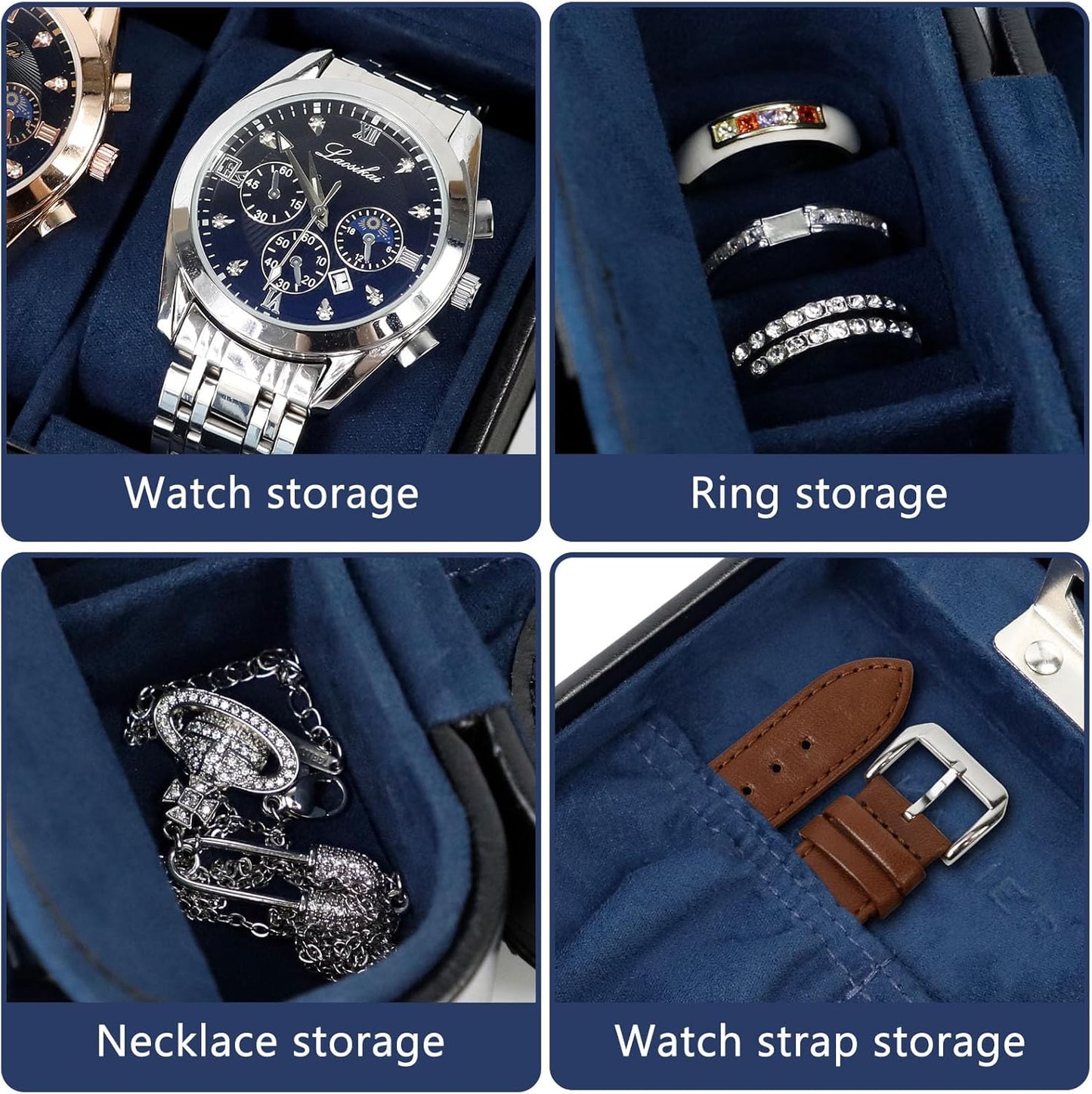 KAMIER Watch Travel Case with Combination Lock - 2 Watch Storage and Jewelry Organizer - Watch Case for Ring and Watch Storage, PU Leather Travel Watch Case, Ideal for Gift (With Gift Box) (Black)