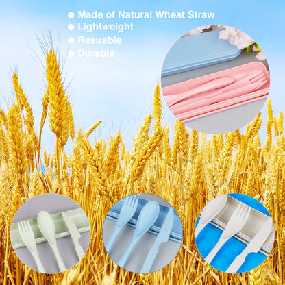 Reusable Travel Utensils Set with Case, Blue Wheat Straw Portable Knife Fork Spoons Tableware, Eco-Friendly BPA Free Cutlery for Kids and Adults as Travel Picnic Camping Utensils