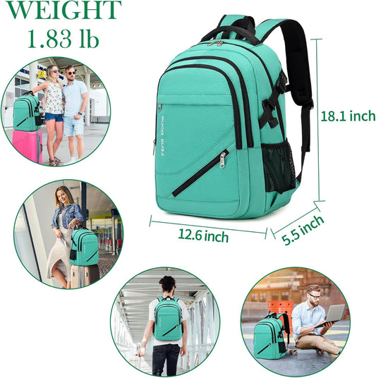 FENGDONG 17.3 inch Large Laptop Backpack Durable Waterproof Travel College Backpack Bookbag for Men & Women Business Backpack with USB Charging Port,Headset Port Light Green