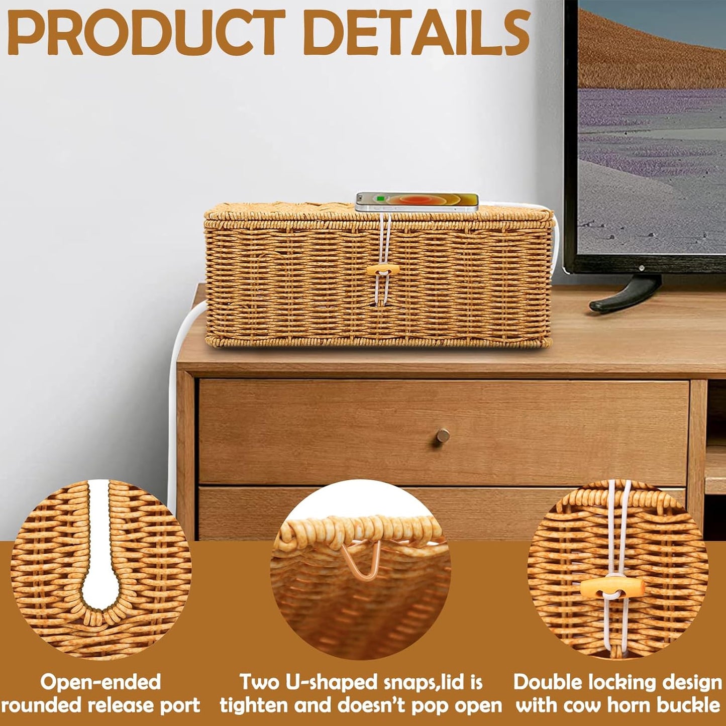 Cable Management Box, Handmade Imitation Rattan Cord Cable Organizer, Open Slots Cords Hider Box Under Desk Cord Organizer for Computer Router USB Hub & Power Strip