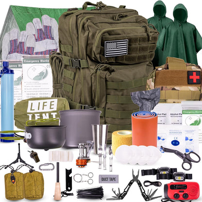 72-Hour Survival Kit | Emergency Bug Out Bag with First Aid, Water Filter, Food, Tools | 45L Tactical Backpack for Camping, Hiking, Outdoor Emergency Preparedness