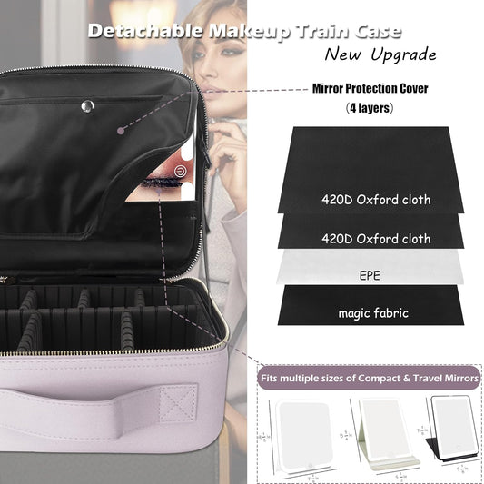 MOMIRA Travel Makeup Bag Cosmetic Bag Makeup Organizer Bag with Lighted Mirror, Adjustable Brightness in 3 Color Scenarios, Waterproof Makeup Train Case, Gift for Women - Violet grey