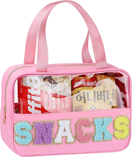 Snack Bag for Travel - Chenille Letter Clear Makeup Bag, Large Preppy Patch Snack Cosmetic Bag with Handle and Zipper, Cute Makeup Pouch Nylon&PVC Waterproof Toiletry Organizer Storage for Women Girls