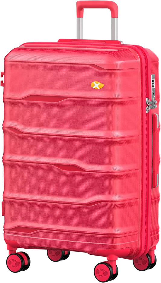 24 Inch Luggage with Spinner Wheels, Hard Shell Suitcase, Lightweight PP Luggages with TSA Lock, Checked-Medium Suitcases 24-Inch, Red