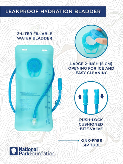 National Park Foundation 18L Hydration Backpack with 2 Liter Hydro Water Bladder Bag, Lightweight Daypack for Cycling, Hiking, Running, Climbing, for Men Women Kids