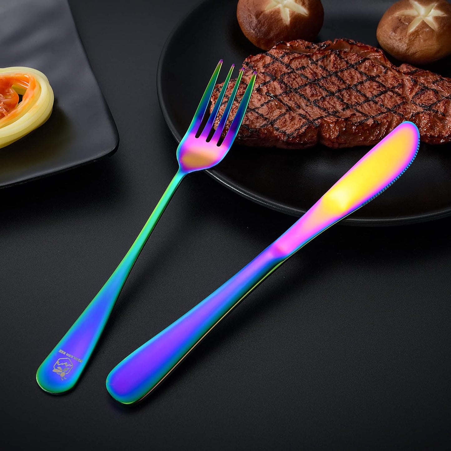 Boulder Bee | Travel Utensils Set | Reusable Camping Cutlery Set | Stainless Steel Flatware Set | Portable Silverware Set with Case | Includes Knife/Fork/Spoon/Straw/Cleaning Cloth/Case (Rainbow)