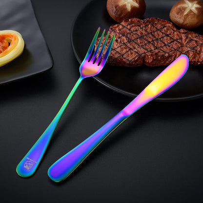 Boulder Bee | Travel Utensils Set | Reusable Camping Cutlery Set | Stainless Steel Flatware Set | Portable Silverware Set with Case | Includes Knife/Fork/Spoon/Straw/Cleaning Cloth/Case (Rainbow)