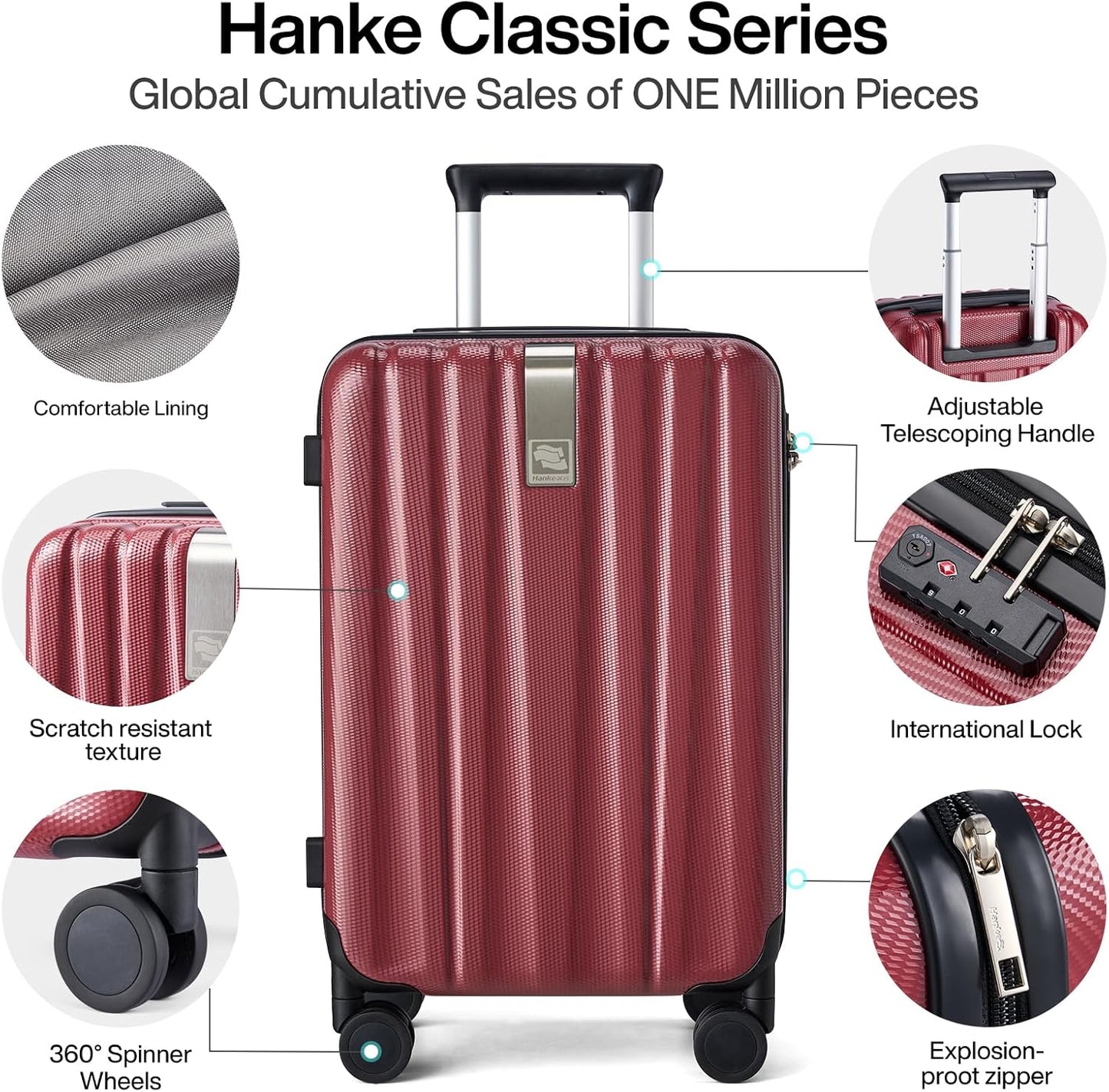 Hanke 24 Inch Luggage Suitcases With Spinner Wheels Lightweight PC Hard Shell Rolling Suitcase With Travel Lock,Checked-Medium 24-Inch （Burgundy）