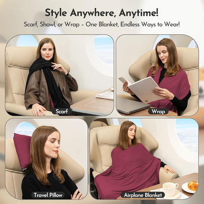 16-in-1 Compact Travel Blanket with Bag – Reversible, Ultra Soft Bamboo Airplane Blanket with Hidden Pocket - Lightweight & Packable for Flights, Camping, Picnic, Travel Essentials