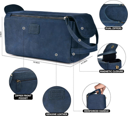 LEATHER VILLAGE Premium Leather Travel Toiletry Bag - Unisex Water-Resistant Travel Dopp Kit, Shaving & Cosmetic Organizer for Men & Women - Compact Bathroom Essentials - Royal Blue