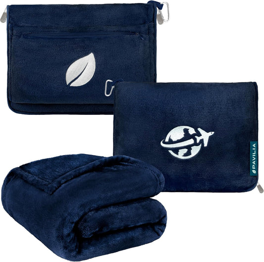 PAVILIA Travel Blanket and Pillow, Arms Opening Airplane Blankets for Adults, Compact Plane Blanket with Arm Hole 2-in-1 Bag for Flight Car Camping Fit in Luggage Backpack Traveler Gift, Navy Blue