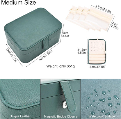 2 Layer Large Jewelry Travel Case with 4 Jewelry Pouches, PU Leather Portable Jewelry Storage Box, Medium Size Jewelry Organizer Box for Earrings, Necklaces, Bracelets (dark green)
